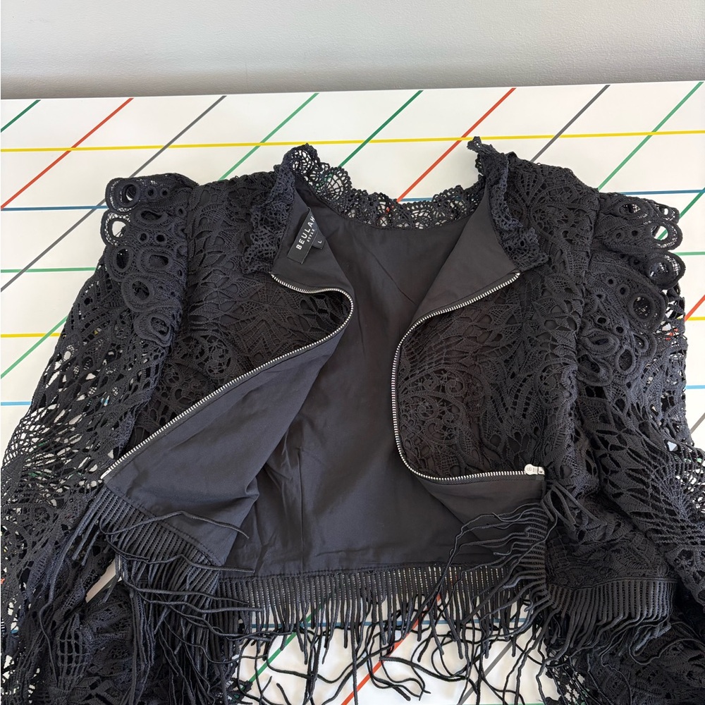 Beulah Black Crochet Fringe Long Sleeve Blouse size 6 zipper back boho festival - Picture 7 of 13